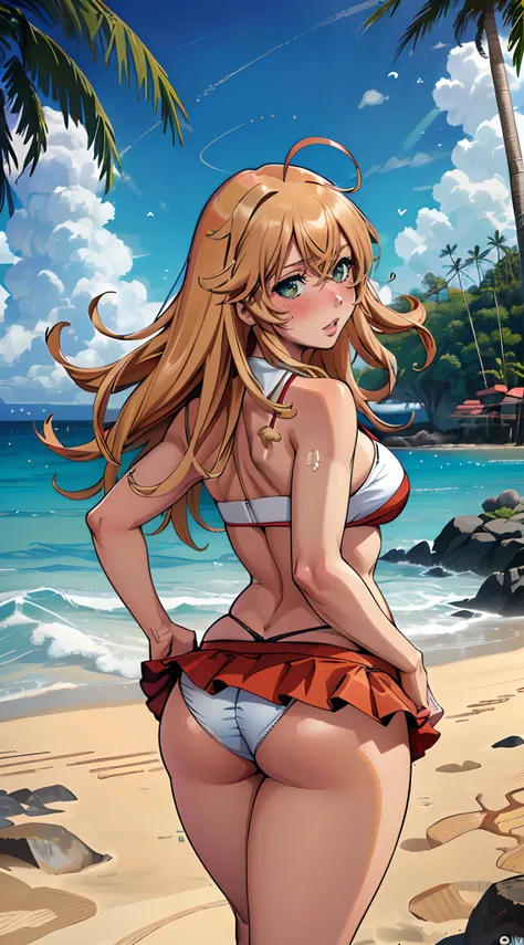 (melhor qualidade:1.3), (qualidade 4K), Hakufu Sonsaku por Ikki Tousen, ((Rosto detalhado)), ((body curvy)), ((corar)), (peitos grandes), (bunda grande), clivagem, sexy, ((Praia)), ((mini saia fio dental))