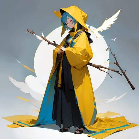 Anthropomorphic female character of the bird、Full-body image、without background、Plain background、Game Character、fullbody image、Hair is yellow、Pray、Cultivated woman、Close your eyes、pray、Holding a stick