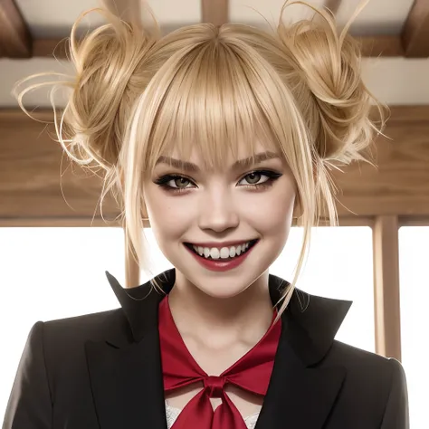 (full body shot, full body:1.2), himiko toga, (blonde hair:1.2),asian, caucasian, blunt bangs, bleached hair, double bun, eyebro...