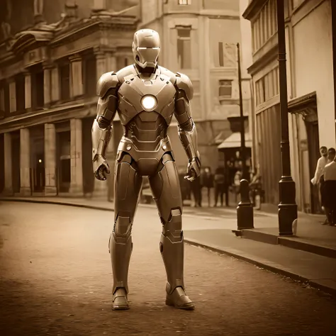 (best quality,4k,8k,highres,masterpiece:1.2), (classical), (Historical photo), (Sepia tone), (noise), ultra-detailed, realistic:1.37, full body shot, Iron Man In the middle of town in 1924, old-fashioned, ancient atmosphere, vintage color tone, soft lighti...