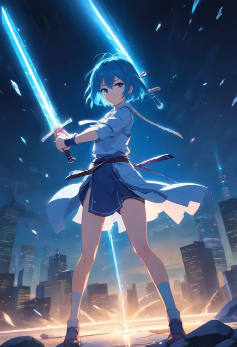 sword fighting stance, stand tall, full body pose, excalibur, dark sword master, short hair, icy blue hair, lady, damaged armor, grave of sword, glowing dark blue aura, night time, sparkle core, over powered vibe,