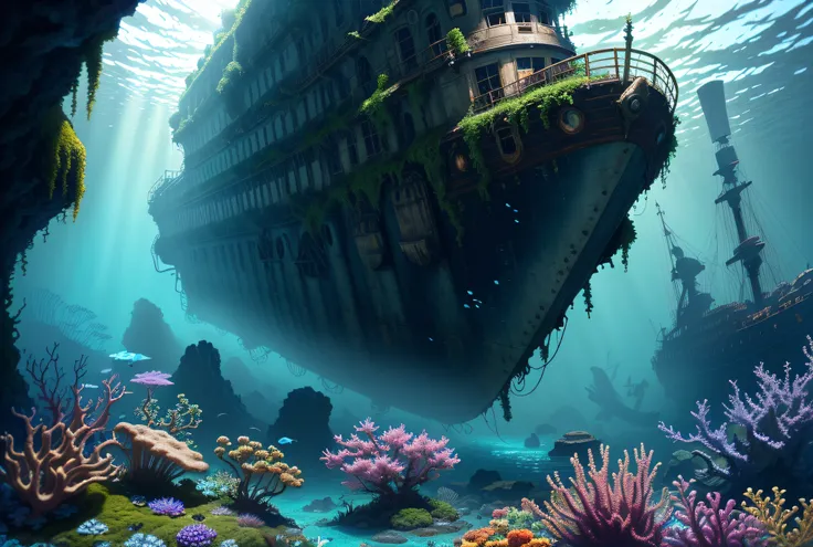 Underwater World Deep Sea, Epic Reality, (HDR: 1.4), Dappled Sun, Cool Tones, Giant Moss Dilapidated Shipwreck (Titanic), Fantastic Uncanny, Epic Composition, (Intricate Detail), (Intricate Detail, Hyperdetail: 1.2), Art Station, Film Clips, Complex Backgr...