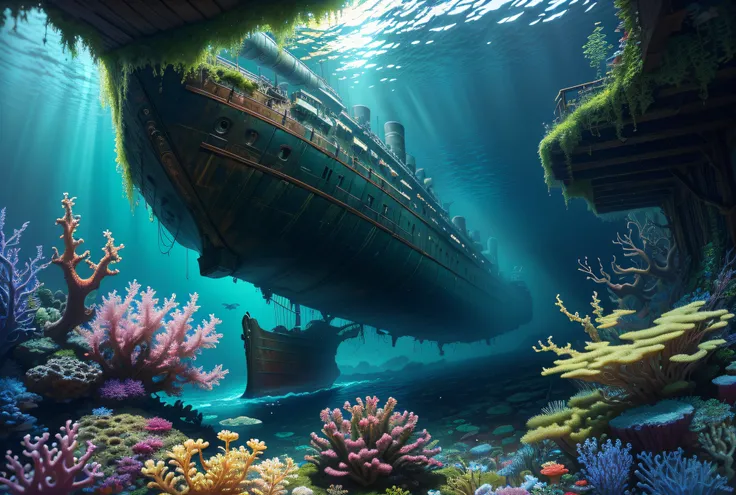 Underwater World Deep Sea, Epic Reality, (HDR: 1.4), Dappled Sun, Cool Tones, Giant Moss Dilapidated Shipwreck (Titanic), Fantastic Uncanny, Epic Composition, (Intricate Detail), (Intricate Detail, Hyperdetail: 1.2), Art Station, Film Clips, Complex Backgr...