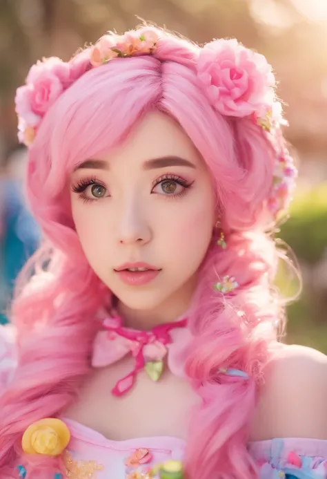 Belle Delphine, dressed in anime cosplay, pretty girl, pink hair. UHD