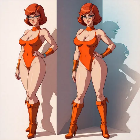 STICKER, A detailed illustration of a vivid Sexy Velma Dinkley from Scooby Doo naked, bare breasts, face view, ass view, side by side, orange thong, Solo Female, medium breasts, full cleavage, Full Body View, orange high heeled boots, soft nipples, hands b...