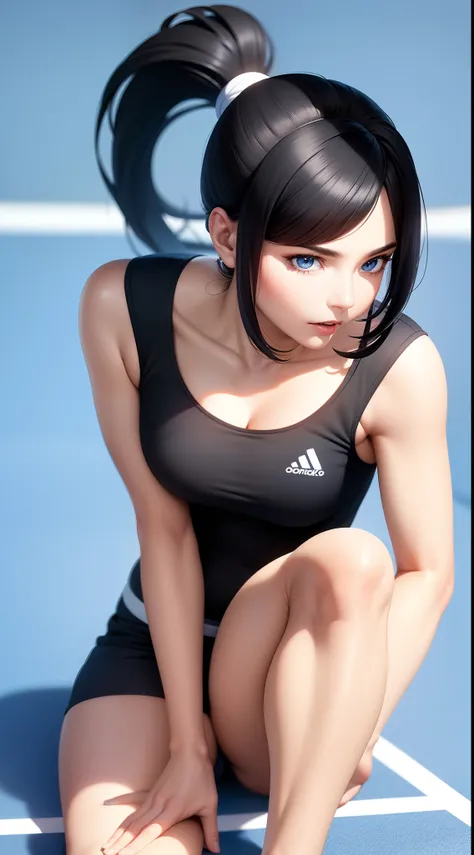 solo, 1 mature woman, ponytail black hair, blue eyes, wearing tennis outfit, sport shoes, 8k resolution, ultra-detailed, masterpiece, highest quality, (tennis court),