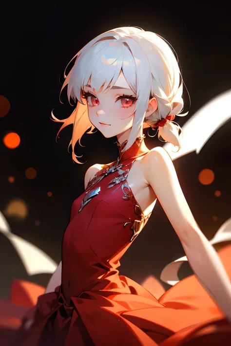 anime young girl, small hair, white hair tied back, red glowing eyes, small chest, wearing a crimson dress, large dress, exposed shoulders and arms, waltz background, portraits, look of superiority, look at the camera, princess pose, colorful tones, soft l...