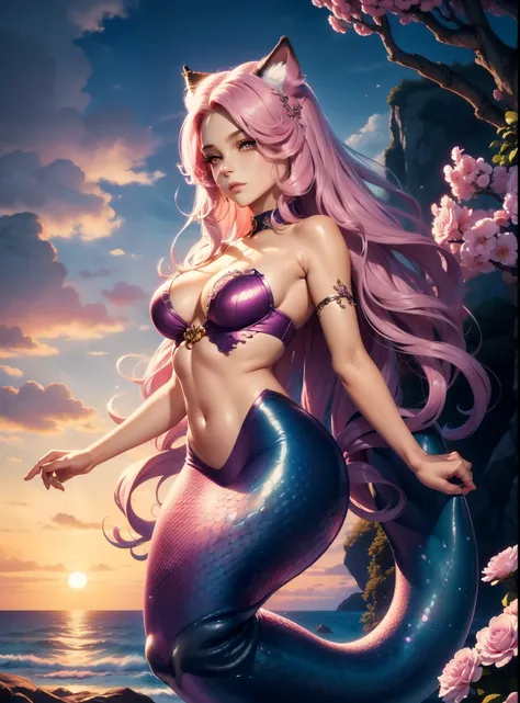 Realistic, (Masterpiece, Top Quality, Best Quality, Official Art, Beauty and Aesthetics: 1.2), Very Detailed, Most Detailed, (A Kraken), Beautiful Face, (Genderless Mermaid), long pink hair with pink kitten ears and violet eyes, Sea Like Eyes, Transparent ...