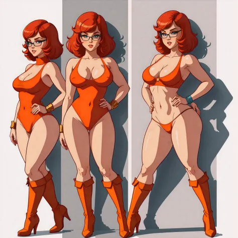 STICKER, A detailed illustration of a vivid Sexy Velma Dinkley from Scooby Doo naked, bare breasts, face view, ass view, side by side, orange thong, Solo Female, medium breasts, full cleavage, Full Body View, orange high heeled boots, soft nipples, hands b...