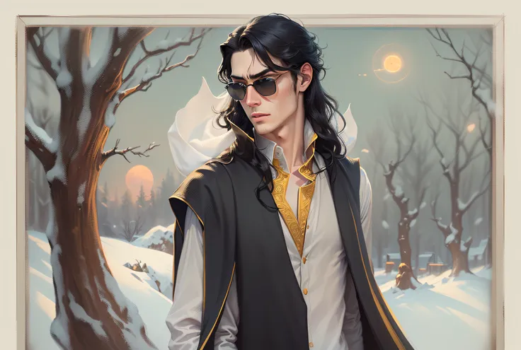 A young tall thin man with a handsome face with perfect thin features, long black hair, yellow eyes, beautiful black eyebrows, a vampire, translucent red sun glasses, a thoughtful expression on his face, in a snow-white shirt and a black cape, a dagger in ...