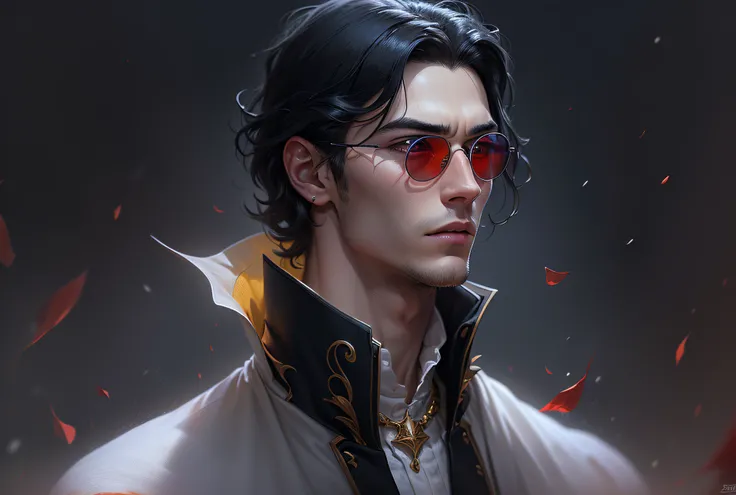 A young tall thin man with a handsome face with perfect thin features, long black hair, yellow eyes, beautiful black eyebrows, a vampire, translucent red sun glasses, a thoughtful expression on his face, in a snow-white shirt and a black cape, a dagger in ...