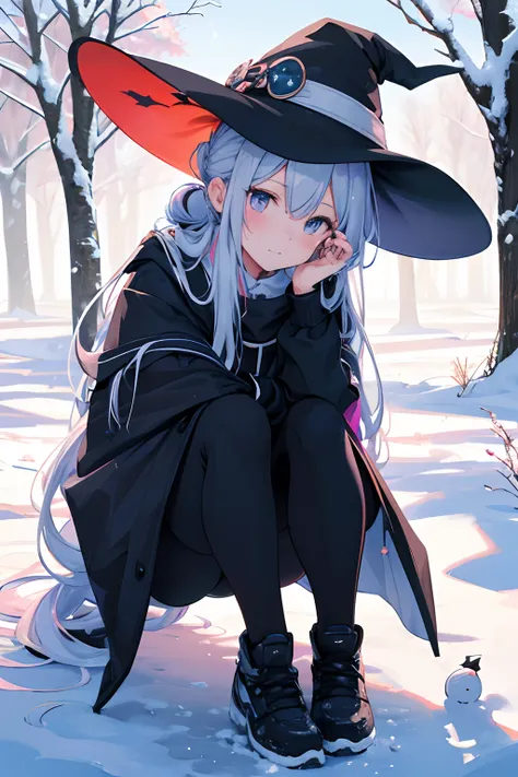 best qualtiy，tmasterpiece，Ultimate Resolution，downy，highly colorful，Colorful，the witch，sliver long hair，hair-bun，a matural female，Witch Long Distance Run，Magic hat，snow country，Lost snow，Normal posture