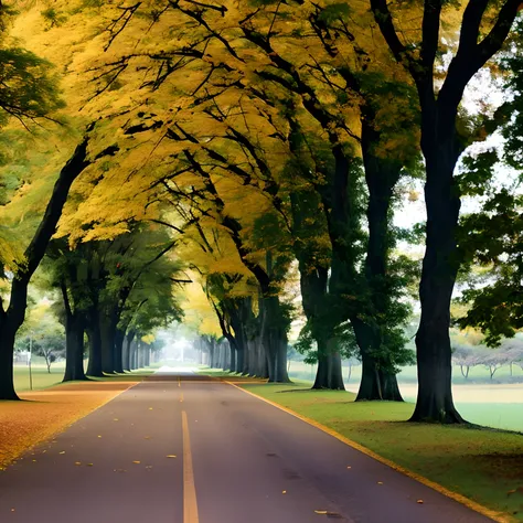 There is a bicycle parked on the side of a road, breath - taking beautiful trees, breath-taking beautiful trees, no outono, no outono, beautiful trees, amazing color photograph, Outono dourado, bela fotografia, autumn season, por Gang Se-hwang, cores amare...