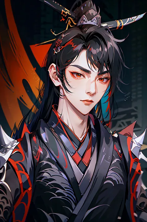 anime - style image of a man with black hair and black and red outfit, red eyes, keqing von genshin impact, handsome guy in demo...