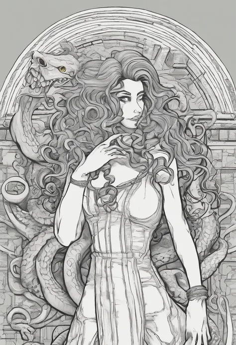 sketch, line drawing, lines only, full length portrait, (Medusa, lamia, gorgon, snakefolk), woman-snake hybrid, snake-haired, lower body snake tail, snake skin dress, bald, hairless