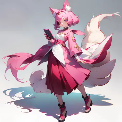 Character of the dog anthropomorphic female、Full-body image、without background、Plain background、Game Character、fullbody image、Hair is pink、Idol、Media Star、Smartphones、holding a smartphon、iphone、Wearing Gemstones