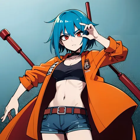 blue hair girl, (1 girl), (solo), (high quality), slim body, orange hoodie, short hair, serious face, big red eyes, skirt jeans,...