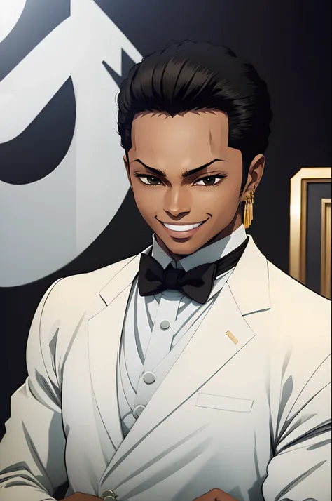 black young man, white suit, smile, zoro hairstyle, black hair, lindo, stylish pose, show, party elegant