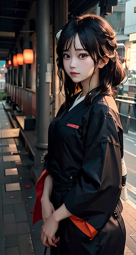 1 girl, Black hair, Japan Shrine Shimoyuki, Wearing a Kahi coat, Dont look at the lens, Sunset background, Reminiscent of anime aesthetics. The colors are vivid and vibrant, bringing images to life. This high-quality artwork is a masterpiece in the field o...