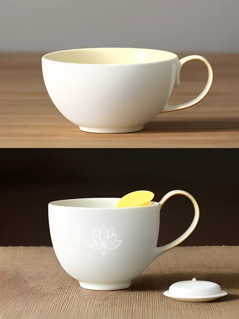 Pale yellow ceramic coffee cup，Hand-held cup pattern，The surface of the ceramic is engraved with a lotus petal pattern，Plain white background image，The bottom of the cup has a ring of protruding surfaces，Rendering is detailed and realistic，There is a circl...