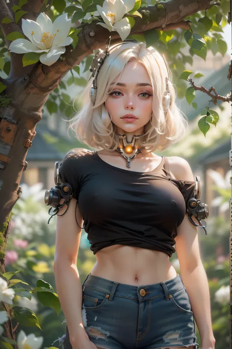 (reelmech:1.5), pretty 1girl, absurdres, 8k uhd, platinum blonde hair, bob cut, medium breasts, black tshirt, denim shorts, garden background, flowers, magnolias, apple tree, close up portrait