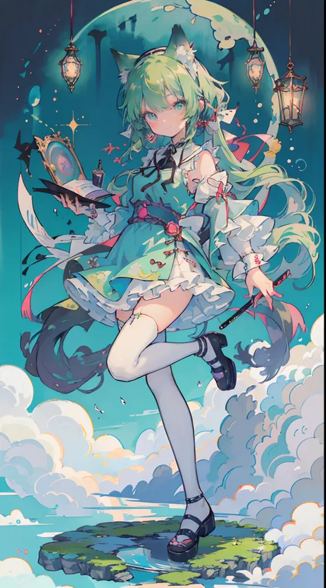 ((masutepiece, Best Quality: 1.1), ((Anime girl in blue dress with magic wand)), Art Nouveau、anime cat girl in a maid costume, Lori, ((Green hairs))、The long-haired、((Shining jewel-like eyes Long eyelashes Transparency))、Very Beautiful Anime Cat Girl, anim...