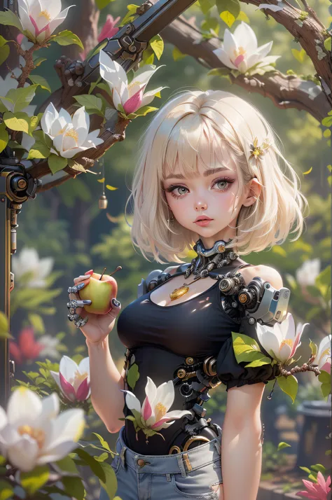 (reelmech:1.5), pretty 1girl, absurdres, 8k uhd, platinum blonde hair, bob cut, medium breasts, black tshirt, denim shorts, garden background, flowers, magnolias, apple tree, close up portrait