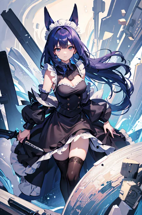 4K,hight resolution,Only woman,Dark blue hair,Twin-tailed,maid clothes,Heavy Armor,Sword in both hands