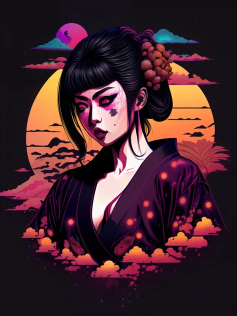 japanese hot girl with kimono, psychadelic, nfsw, vector image, t-shirt design, isolated, black background, futuristic 3D illustration