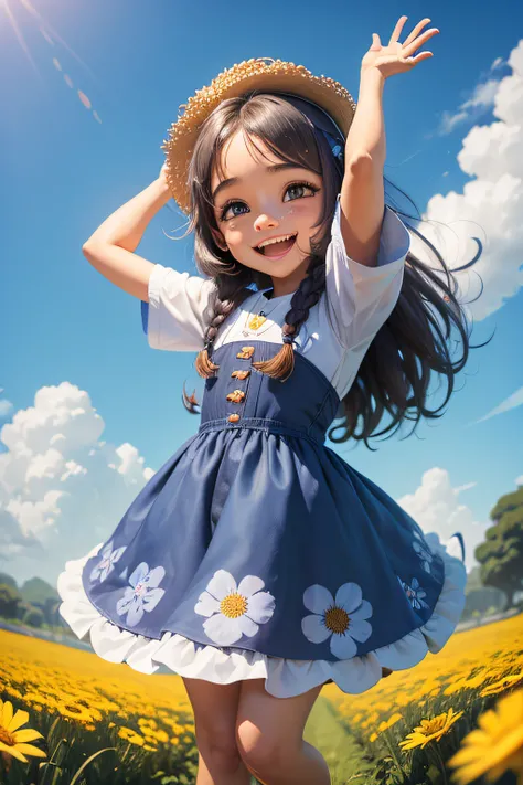 menina feliz, cabelo loiro, roupa do campo, humilde e feliz, flores; olhos azuis, disney e pixar