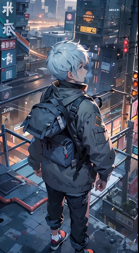 1boy,(15 years old boy:1.5)、Cyberpunk Boy、silber hair、Spiky hairstyle、machine gun、Japan sword on the back、Whole body bloody、Upper body only shots、Overhead view of the composition、The beginning of the adventure、Lots of clouds,heavy fog、Moon,Lightning、Chaoti...