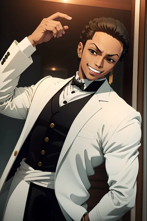 black young man, white suit, smile, zoro hairstyle, black hair, lindo, stylish pose, show, party elegant