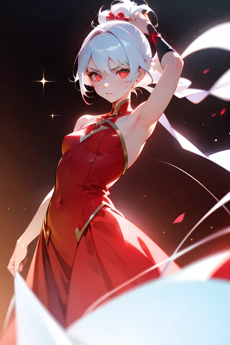 anime young girl, small hair, white hair tied back, red glowing eyes, wearing a crimson dress, large dress, dress detached from the body, exposed shoulders and arms, waltz background, portraits, look of superiority, look at the camera, princess pose, color...