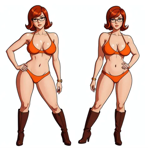 STICKER, A detailed illustration of a vivid Sexy Velma Dinkley from Scooby Doo fully naked, bare breasts, face view, ass view, side by side, model pose, perfect hands, exposed breasts, Beautiful Eyes and Face Details, orange thong, Solo Female, medium brea...