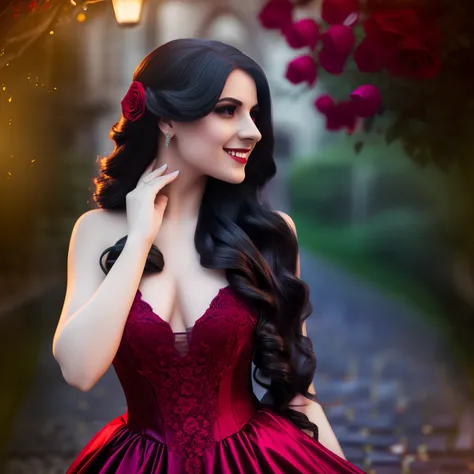 a vampire in love,long flowing hair,blood-red eyes,sharp fangs,listening to classical music in a moonlit garden,a mesmerizing smile,black lace dress,gently holding a red rose in her hand,the rose petals falling like drops of blood(best quality,ultra-detail...