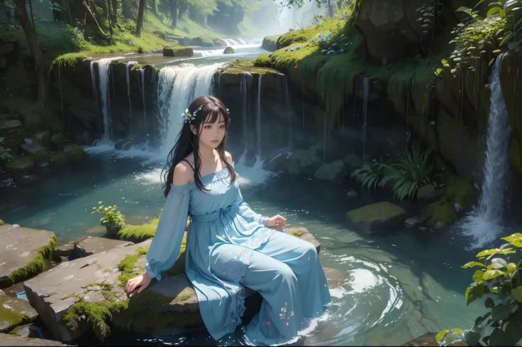 A high narrow waterfall, a small river between two high rock walls, hanging plants from above, flowery plants on the river margin. Beautoful girl, spirit of water, light blue and sapphire clothes, sitting a a fallen log next to the river, foot on water.