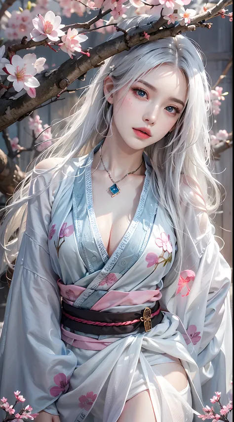 photorealistic, high resolution, soft lights, 1women, solo, hips up, blue eyes, white hair, long hair, hanfu, hips up, jewelry, tattoo, cherry blossom