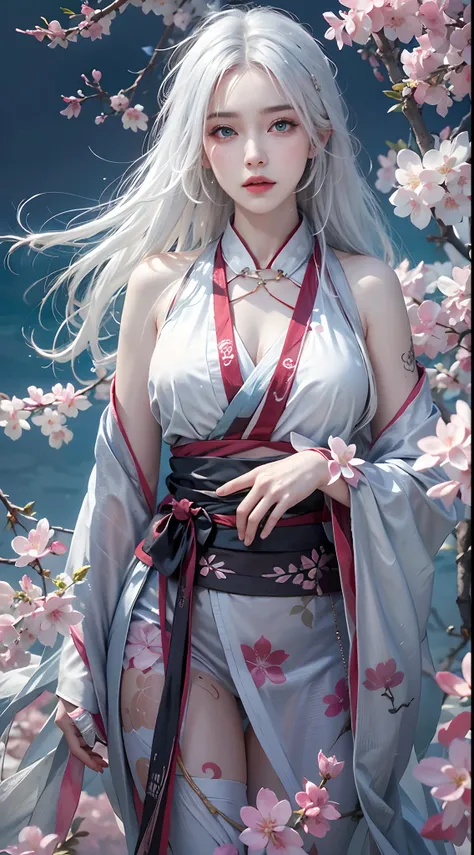 photorealistic, high resolution, soft lights, 1women, solo, hips up, blue eyes, white hair, long hair, hanfu, hips up, jewelry, tattoo, cherry blossom