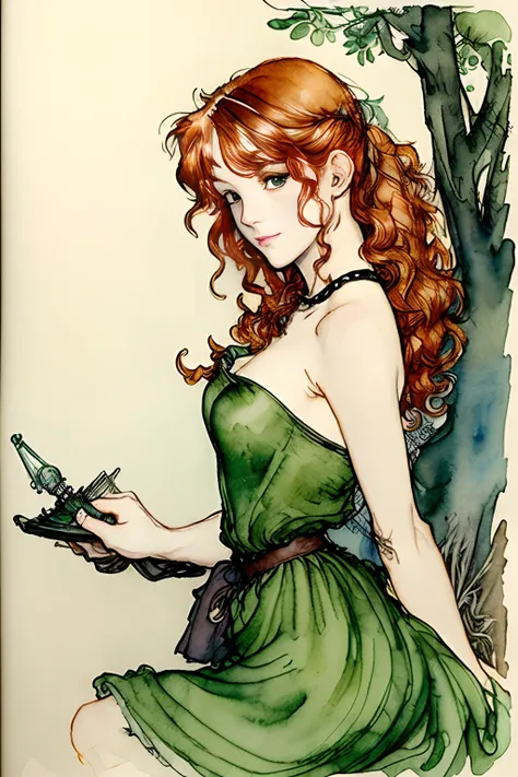 (best quality), ((masterpiece)), 8k 25 year old, redhead girl, alluring, armpit lenght hair (((upturned eyes))) cute ((strapless green dress)) slender build, ((corkscrew hairstyle)) (((arthur rackham watercolor sketch ))) muted palette, in the forest at ni...