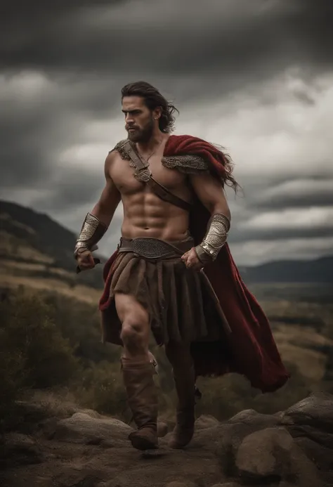 A Athenian messenger warrior "Callias", topless, barechest, raw, in KILT, long black flowing hair, sprinting through awe-inspiring and dramatic ancient landscapes. The scene should convey his unwavering determination as he journeys through the vast and tim...