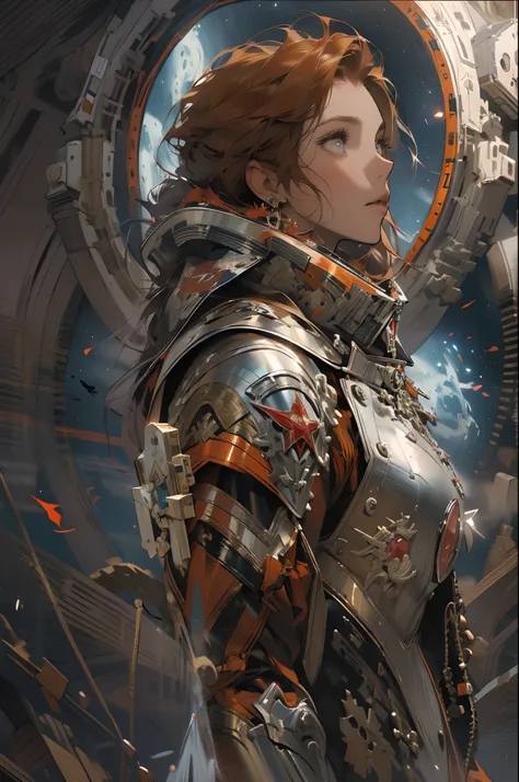 Digital portrait of a Marine woman in space, pronounced feminine features, Silver alloy metal and red heavy space armor, in the desert, Detailed, Cinematic composition, Power space armor, Intricate details, eerie, Highly detailed, 8K, art by artgerm and gr...