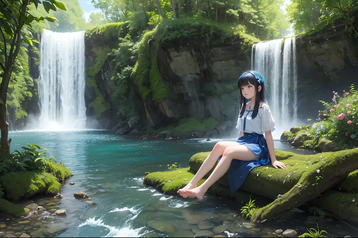 A high narrow waterfall, a small river between two high rock walls, hanging plants from above, flowery plants on the river margin. Beautoful girl, spirit of water, light blue and sapphire clothes, sitting a a fallen log next to the river, foot on water.