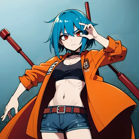 blue hair girl, (1 girl), (solo), (high quality), slim body, orange hoodie, short hair, serious face, big red eyes, skirt jeans, red belt, holding a long metal bat, high detailed