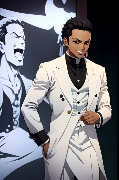 black young man, white suit, smile, zoro hairstyle, black hair, lindo, stylish pose, show, party elegant