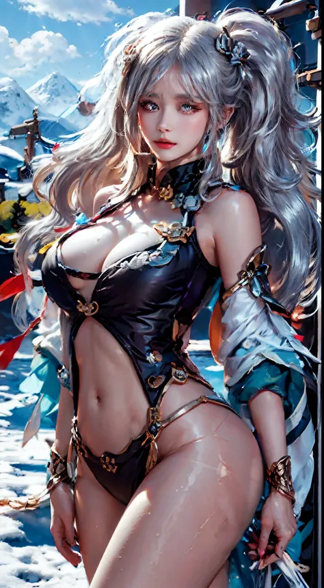 photorealistic, high resolution,masterpiece,best quality,ultra-detailed, 1women, hips up, long blonde hair,hair_ornament,hair_between_eyes, long_hair, (silver_hair:1.2),bangs, genshin impact, shenhe (genshin impact), Shenhe (genshin impact), snow field, mo...