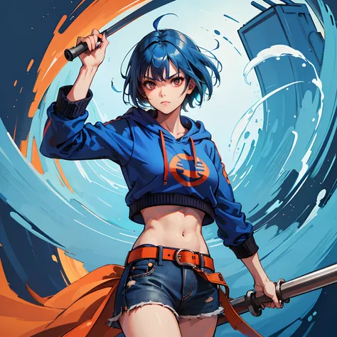 blue hair girl, (1 girl), (solo), (high quality), slim body, orange hoodie, short hair, serious face, big red eyes, skirt jeans, red belt, holding a long metal pipe, high detailed