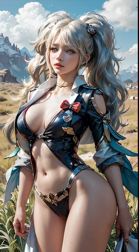 photorealistic, high resolution,masterpiece,best quality,ultra-detailed, 1women, hips up, long blonde hair,hair_ornament,hair_between_eyes, long_hair, (silver_hair:1.2),bangs, genshin impact, shenhe (genshin impact), Shenhe (genshin impact), grass field, m...