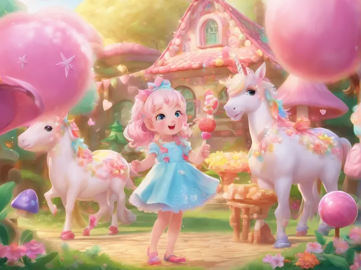 best quality,4k,8k,highres,masterpiece:1.2,ultra-detailed,realistic:1.37,pink candy forest,dreamy,enchanted,magical,whimsical,fairy tale,happiness,sweetness,fantasy,playful,girl in a pink dress,floating cotton candy clouds,chocolate trees with candy leaves...