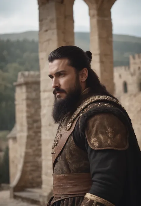 Man, A king, black hair, black beard, wearing king outfit, in castle, 8k