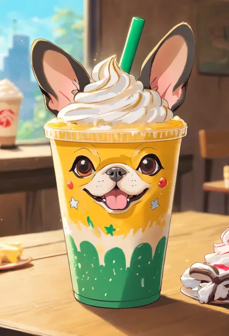 Unique, Cartoonish playful French bulldog-shaped cup, Colorful Starbucks-style frappuccino, French Bulldog Logo.